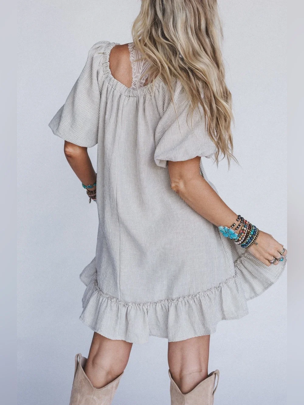 Three Bird Nest Solace Ruffled Hem Dress Beige Striped Puff Sleeve Boho Small - Picture 5 of 12
